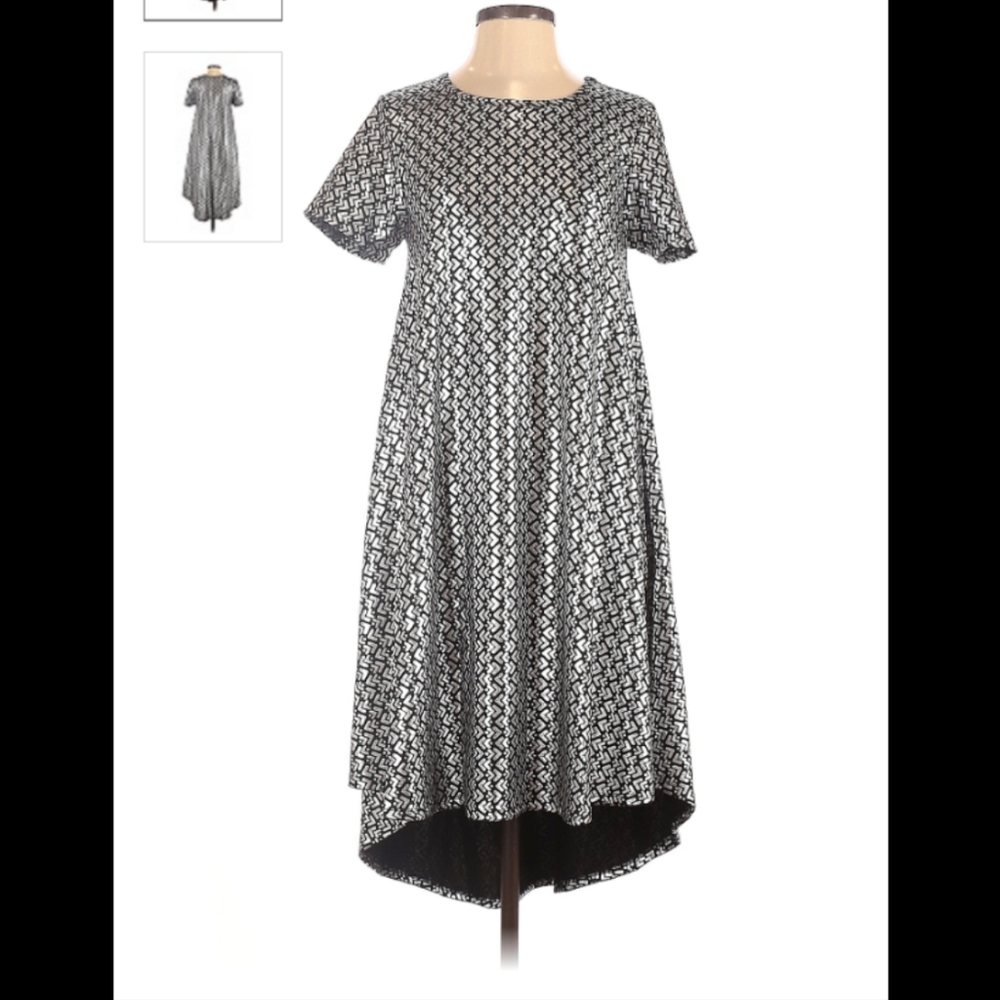 LuLaRoe Carly Black & Silver Shimmer Geo Pattern A-line Swing Dress sz S/M NWT